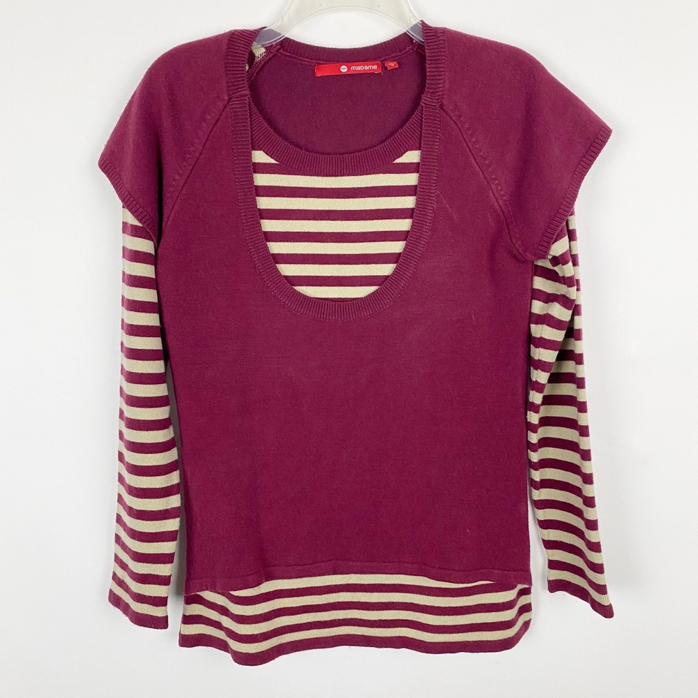 Madame Burgundy Striped Long Sleeve Layered Look Sweater Women's‎ Medium